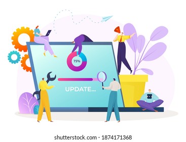 System update process, digital software progress at digital device vector illustration. Upgrade laptop technology, update version for computer. People character installation maintenance.
