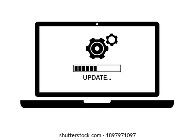 System Update In Process. Software Updating Progress Bar. Downloading Icon On Laptop Screen. Vector Illustration