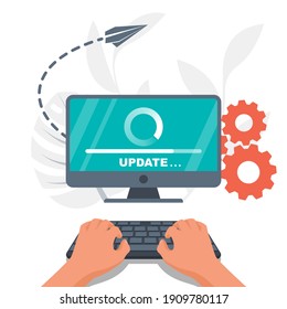 System update. The programmer behind the computer screen. Hands on the keyboard. New Version software. Installing update process. Template landing page. Data transfer. Vector illustration flat design
