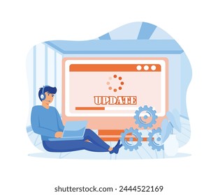 System update. The programmer behind the computer screen. New Version software. Installing update process. flat vector modern illustration 