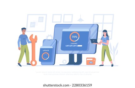 System Update. Programmers upgrading operation system, software, programs, applications. Data synchronize process. Cartoon modern flat vector illustration for banner, website design, landing page.