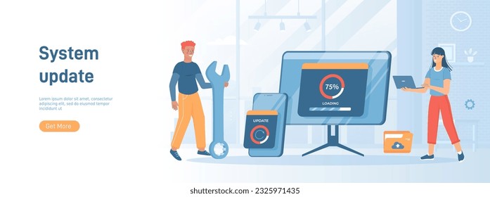 System Update. Programmers upgrading operation system, software, programs, applications. Data synchronize process. Flat concept great for social media promotional material. Website banner background.