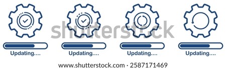 System update in progress with loading bar, gear icons, software upgrade, technology maintenance, and digital optimization. Concept of upgrade application progress icon for graphic and web design.