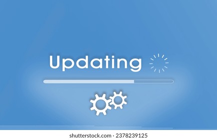 System update screen template and sign for any software or technology system. Update concept web vector illustration with wheels, text and load bar. Blue background updating pattern.