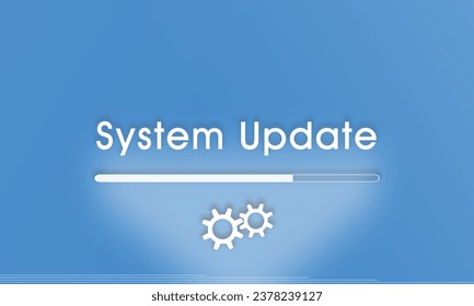 System update screen template and sign for any software or technology system. Update concept web vector illustration with wheels, text and load bar. Blue background updating pattern.