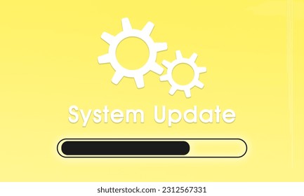 System update screen for web sites or applications. Software update concept web vector illustration. Update text and icon with gears on yellow background.