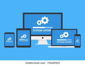 System Update Set. IT Administrators Installing Updates For Software, Drivers, Operating System. Vector Flat Style Cartoon Illustration Isolated On Blue Background