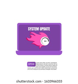 System update sign, warning, vector illustration maintenance for better performances or version of software, hardware or application. Gadgets update concept with icons and cartoon character