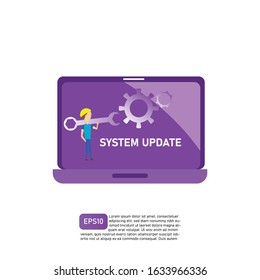 System update sign, warning, vector illustration maintenance for better performances or version of software, hardware or application. Gadgets update concept with icons and cartoon character