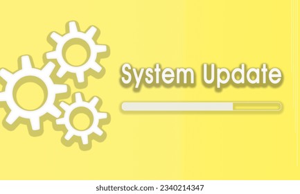 Signo de actualización del sistema con iconos de rueda y texto. Actualizar ilustración vectorial web de concepto. Actualización de patrones para software, computadora o cualquier sistema tecnológico.
