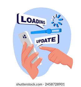 System update. Smartphone in hand. New Version software. Installing update process. Template landing page. Data transfer. Vector illustration flat design.