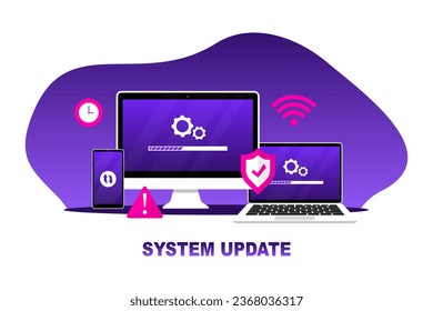 Actualización del sistema. Concepto de actualización del software del sistema. Proceso de actualización.  Instalar nuevo software, sistema operativo. Error técnico y servicio. Ilustración del vector