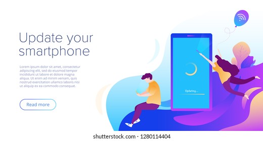 System update or software installation concept in flat vector design. Creative illustration for smartphone upgrade or maintenance. Website landing page layout or webpage template.