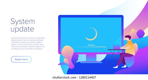 System update or software installation concept in flat vector design. Creative illustration for computer upgrade or maintenance. Website landing page layout or webpage template.