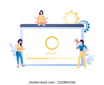 System update, software upgrade process - little people and big screen with message. Modern technology and new app version download, installation in progres. Flat concept vector illustration for web