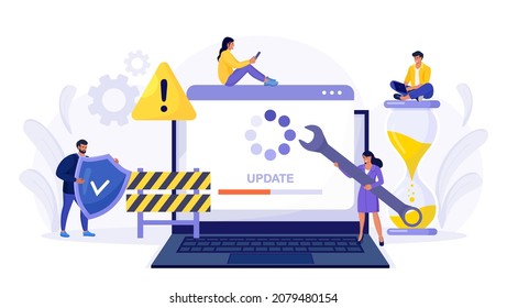 Systemaktualisierung. Winzige Programmierer aktualisieren das Betriebssystem. IT-Spezialisten, die Software, Programme und Anwendungen aktualisieren. Technischer Fehler und Service. Computer-Laptop-Bildschirm mit Aktualisierungsleiste.