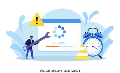 System Update. Tiny programmers upgrading operating system. IT specialists updating software, programs and applications. Technical error, service. Web page with updating progress bar and alarm clock