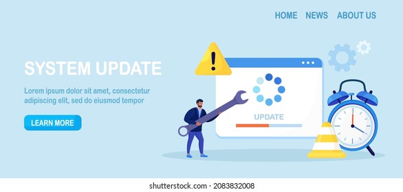 System Update. Tiny programmers upgrading operating system. IT specialists updating software, programs and applications. Technical error, service. Web page with updating progress bar and alarm clock