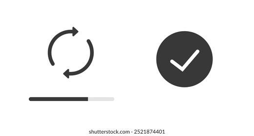 Vetor gráfico moderno simples vetor da barra de progresso da atualização do sistema, pictograma do símbolo da marca de verificação do carregamento do software concluído, conjunto de clip-arts da imagem do processo de manutenção das configurações do aplicativo da interface do usuário