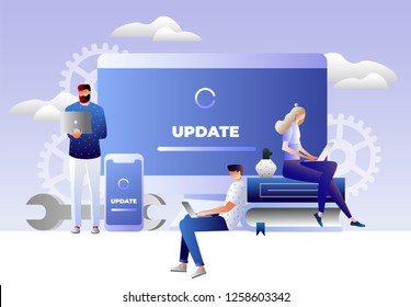 System update vector illustration concept, people update operation system can use for, landing page, template, ui, web, mobile app, poster, banner, flyer. Characters design