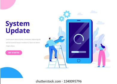 System update vector illustration concept. Smartphone with update screen. Update process. Install new software, operating system, update support. Characters design 