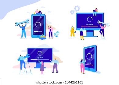 System update vector illustration concept. Desktop computer and smartphone with update screen. Update process. Install new software, operating system, update support. Characters design 