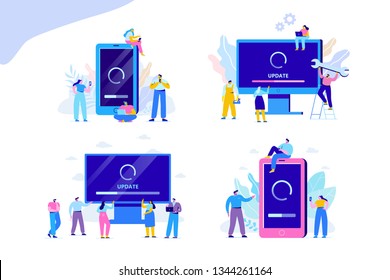 Concepto de ilustración vectorial de actualización del sistema. Computadora de escritorio y smartphone con pantalla de actualización. Proceso de actualización. Instale software nuevo, sistema operativo, soporte de actualización. Diseño de caracteres 