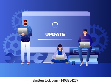 System update vector illustration concept, people update operation system can be used for, landing page, template, ui, web, mobile app, poster, banner, flyer. Characters design