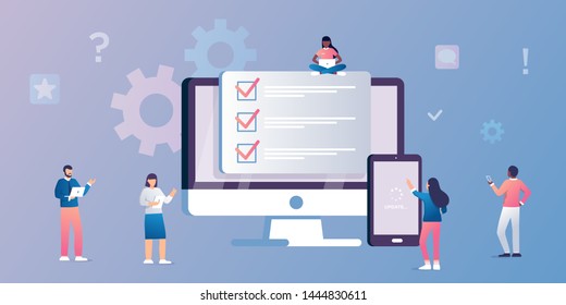 system update vector illustration concept, people update operation system on computer and mobile phone. search of solutions to problems, teamwork, fill form or checklist, use in applications