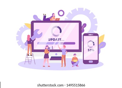 System update vector illustration concept. Desktop computer and smartphone with update process. Can be used for landing page, template, ui, web, mobile app, poster, banner, flyer