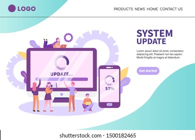 System update vector illustration concept. Desktop computer and smartphone with update process. Can be used for landing page, template, ui, web, mobile app, poster, banner, flyer