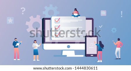 system update vector illustration concept, people update operation system on computer and mobile phone. search of solutions to problems, teamwork, fill form or checklist, use in applications