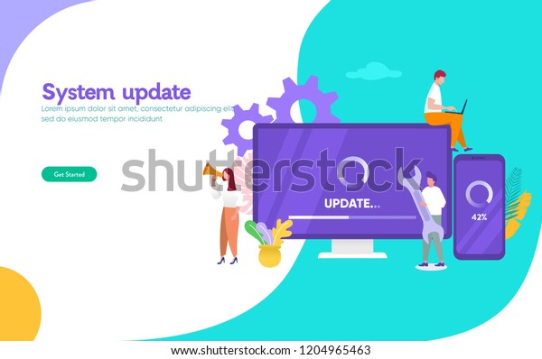 システム更新ベクターイラストコンセプト 人物更新オペレーションシステムで使用できる対象 ランディングページ テンプレート Ui ウェブ モバイルアプリ ポスター バナー チラシ のベクター画像素材 ロイヤリティフリー