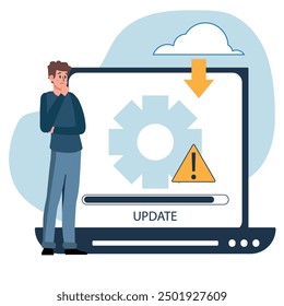 System update vector illustrations. Character programmer update the operating system. System maintenance, software and program updates, technology. Technical error and maintenance.