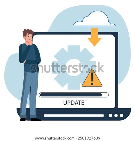 System update vector illustrations. Character programmer update the operating system. System maintenance, software and program updates, technology. Technical error and maintenance.