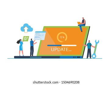 System updates with people updating operation in computing and installation programs. Flat vector illustration modern character design. For a landing page, banner, flyer, poster, web page.