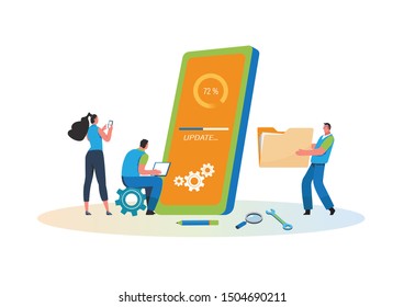 System updates with people updating operation in computing and installation programs. Flat vector illustration modern character design. For a landing page, banner, flyer, poster, web page.