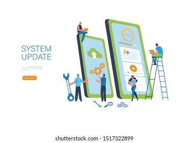 System updates with people updating operation in computing and installation programs. Flat vector illustration modern character design. For a landing page, banner, flyer, poster, web page.
