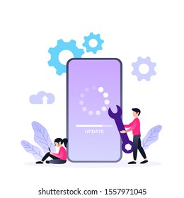 System updates with people updating operation in computing and installation programs. mobile application. Flat vector illustration modern character design. For a landing page, banner, flyer, web page.