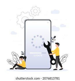 System updates with people updating operation in computing and installation programs. mobile application. Flat vector illustration modern character design. For a landing page, banner, flyer, web page.