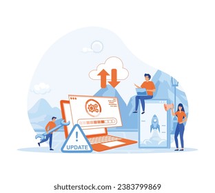 System updates with people updating operation in computing and installation programs. flat vector modern illustration