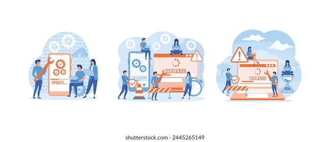 System updates with people updating operation in computing and installation programs. Tiny programmers upgrading operating system. Technical error and service. Set flat vector modern illustration