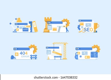 Actualización del sistema, diseño y desarrollo web. Lugar en construcción, optimización Seo diseño plano moderno