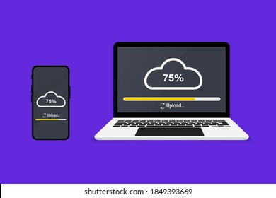 System upgrade. Installing update progress and loading bar on computer and phone. Update or Loading process. Install new software, operating system. Doing cloud uploading