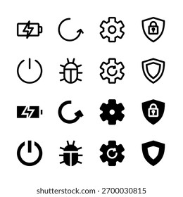 Sistema e Utilitários Sólido e Conjunto de Ícones de Linha - Elementos de Configurações de Segurança de Energia da Bateria
