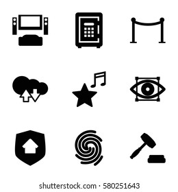 system vector icons. Set of 9 system filled icons such as Red carpet barrier, safe, favorite music, auction, home security, finger print, eye scan, cloud download upload