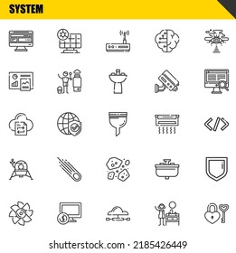 system vector line icons set. computer, turbine and file transfer Icons. Thin line design. Modern outline graphic elements, simple stroke symbols stock illustration