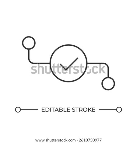 System verification line icon. Checkmark and timeline planning. Task management symbol. Workflow optimization. Isolated vector illustration. Outline symbol. Simple linear drawing. Editable stroke