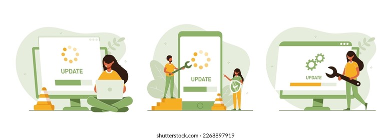 System or web application upgrade procedure set. Concept of software version update or renewal process indication. Collection flat colorful vector illustration for banner, poster.