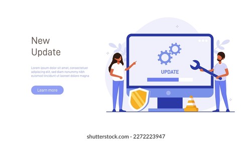 System or web application upgrade procedure. Concept of software version update or renewal process indication. Man and phone. Flat colorful vector illustration for banner, poster. 